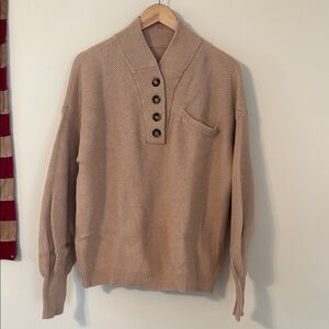 Lunya Cottonsilk Pocket Henley Tan Sweater with Button Detail